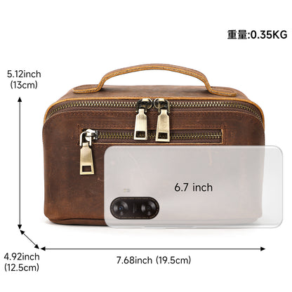 Women Leather Makeup Bag Crazy Horse Leather Toiletry Case