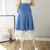 High Waisted Denim Midi Skirt with Lace Hem
