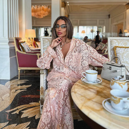 women lace suit with collared shirt and lace pants