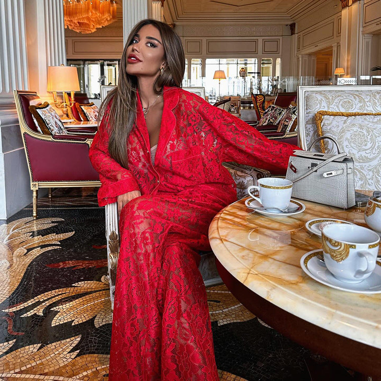 women lace suit with collared shirt and lace pants