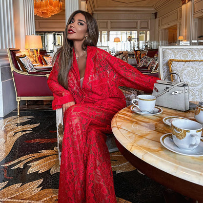 women lace suit with collared shirt and lace pants