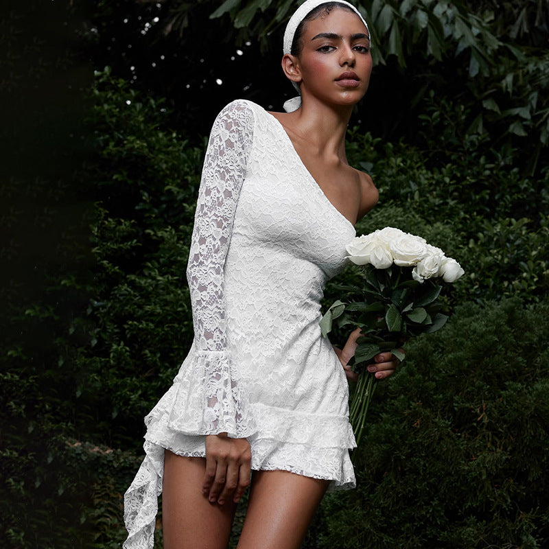 One shoulder lace mini dress ruffle hem white