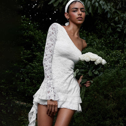 One shoulder lace mini dress ruffle hem white