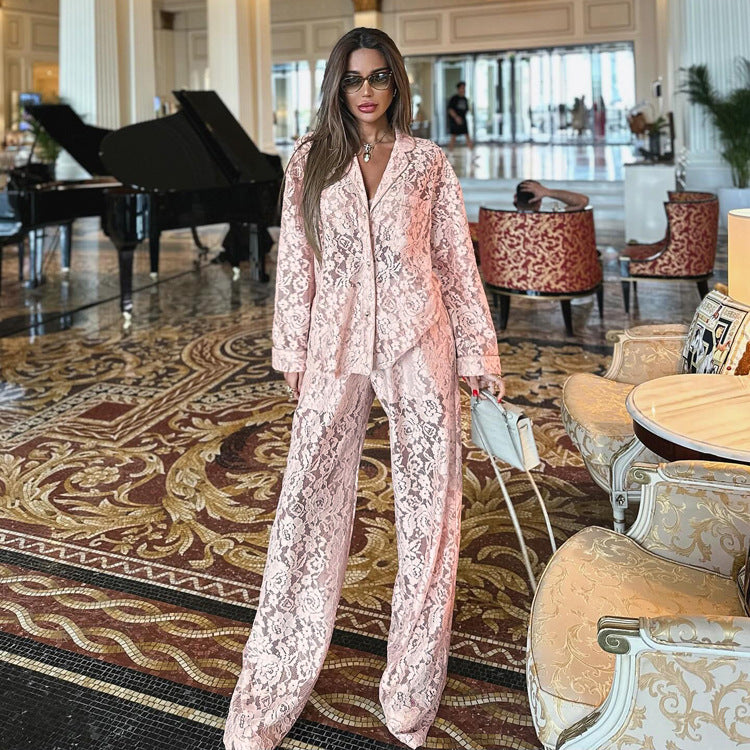 women lace suit with collared shirt and lace pants