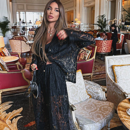 women lace suit with collared shirt and lace pants 2 S