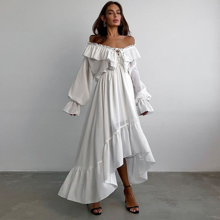 White off shoulder chiffon maxi ruffle dress