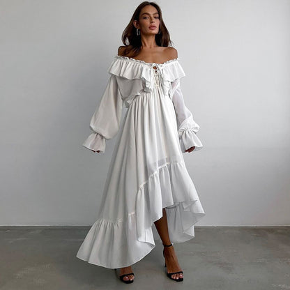White off shoulder chiffon maxi ruffle dress