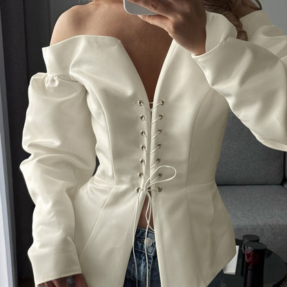 Off shoulder lace peplum blouse