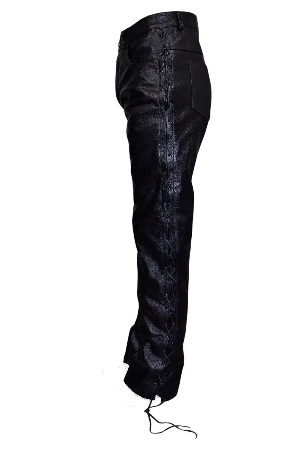 Laced leather pants real black biker pants with lace up sides for men