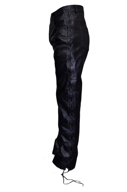 Laced leather pants real black biker pants with lace up sides for men