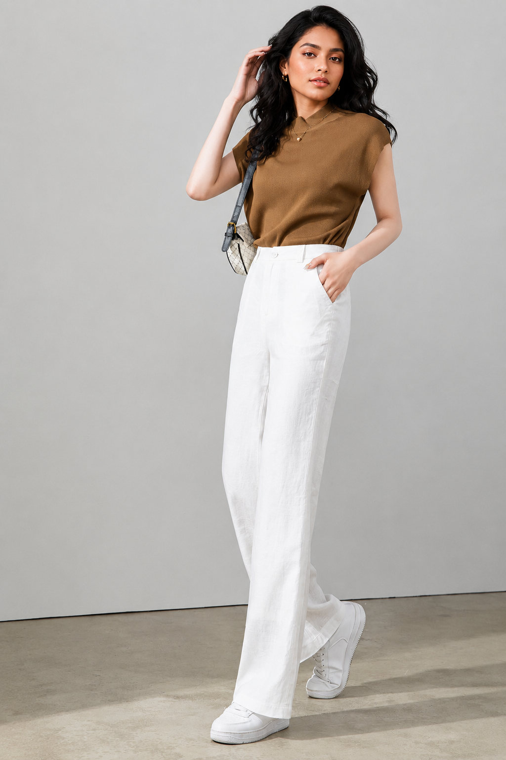 High waisted white linen wide leg pants