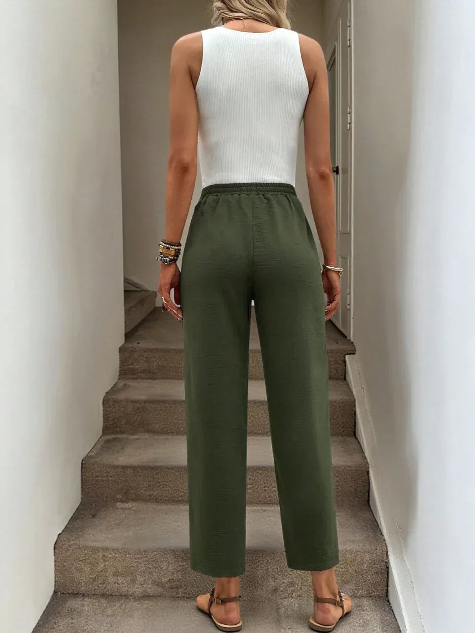 Women Tie Waist Leg Trousers