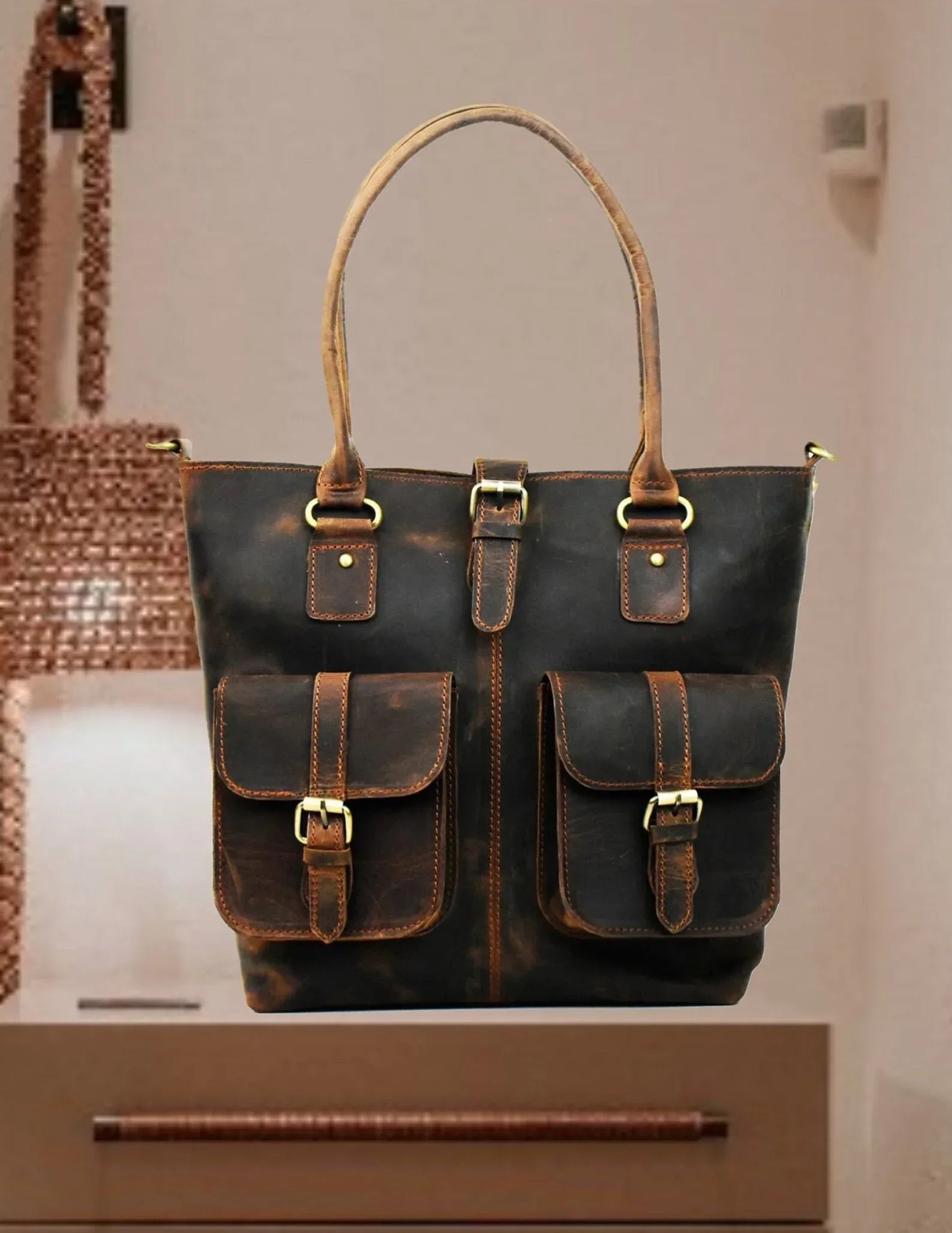 Leather Tote With Compartments For Women Large Organizer Bag