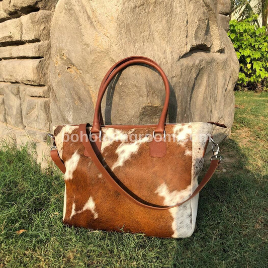 Large Western Cowhide Tote Bag in Brown and White Light Brown