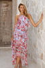 layered maxi dress with a flowing chiffon finish and open shoulders.