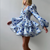 Blue floral layered puff sleeve mini dress