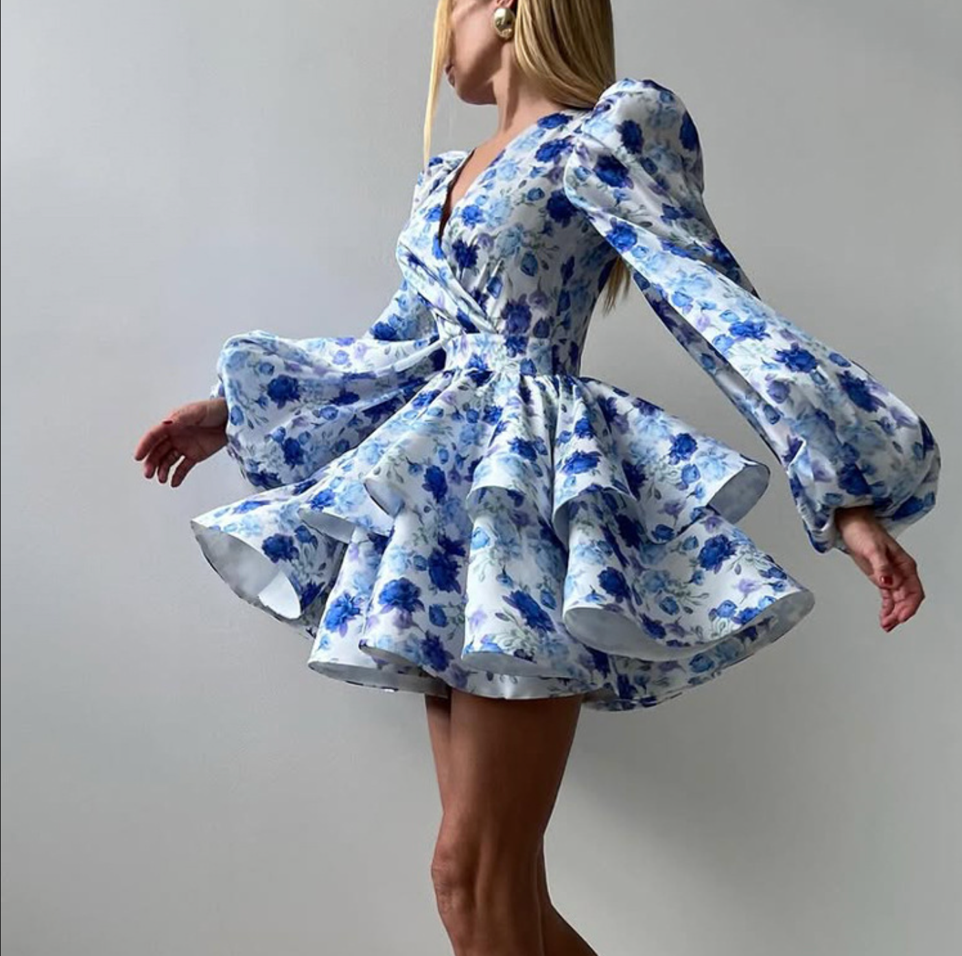 Blue floral layered puff sleeve mini dress