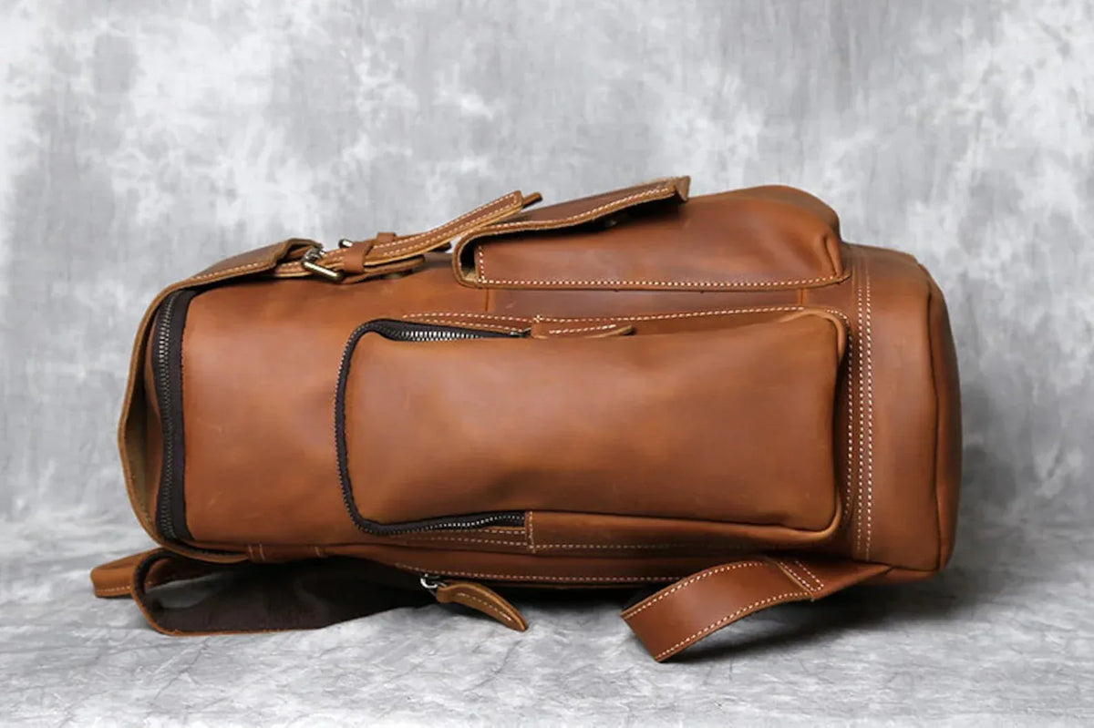 Vintage Brown Leather Laptop Backpack with Side Pockets