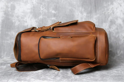 Vintage Brown Leather Laptop Backpack with Side Pockets