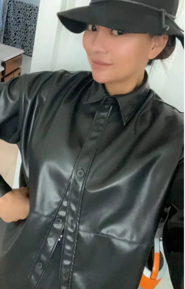 Oversized Leather Shirt Women Black Drop Shoulder Shacket Style