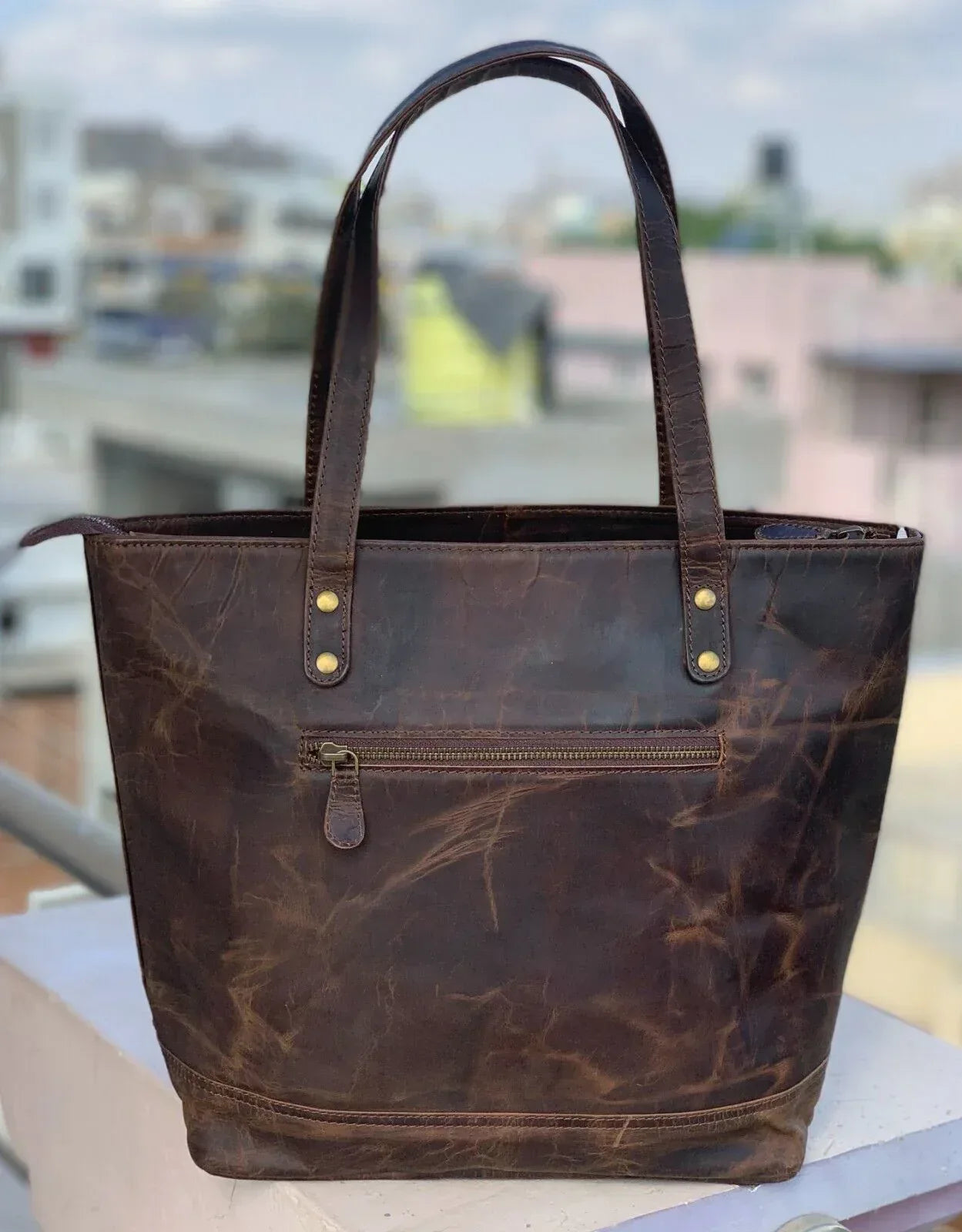 Leather tote shoulder bag for women with pouch set