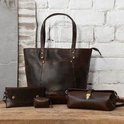 Leather tote shoulder bag for women with pouch set