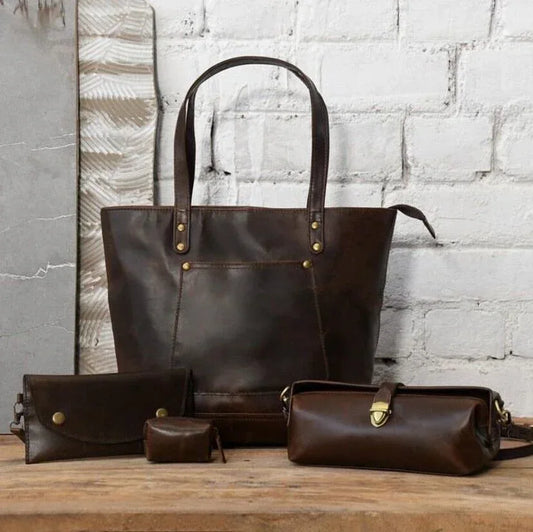 Leather tote shoulder bag for women with pouch set