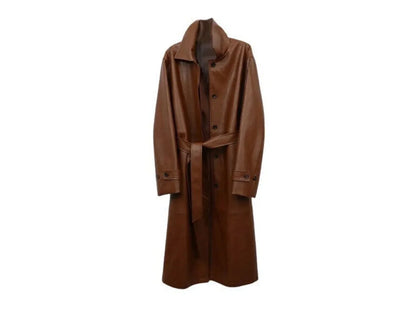 Belted Leather Trench Coat Womens Brown Long Waist Coat
