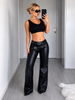 Faux leather pants women with double belt hardware and extra long straight leg design
