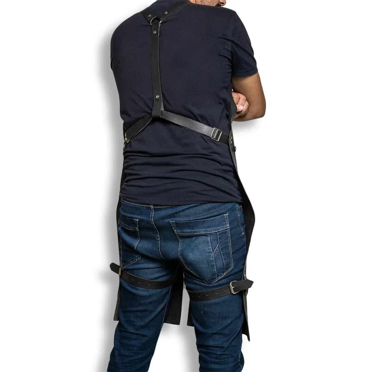 Black Leather Apron with Pockets for Workshop and BBQ