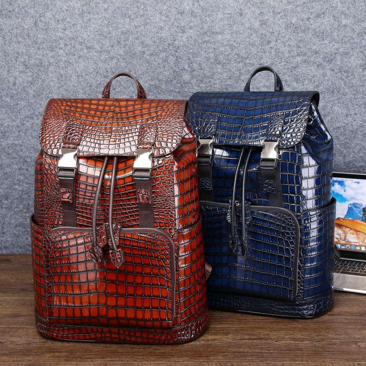 Leather Backpack for Men with Crocodile Pattern and Drawstring Closure