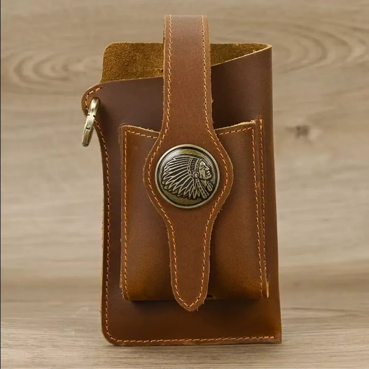 Leather Phone Belt Pouch with Key Ring and Belt Loop Brown
