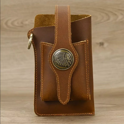 Leather Phone Belt Pouch with Key Ring and Belt Loop Brown