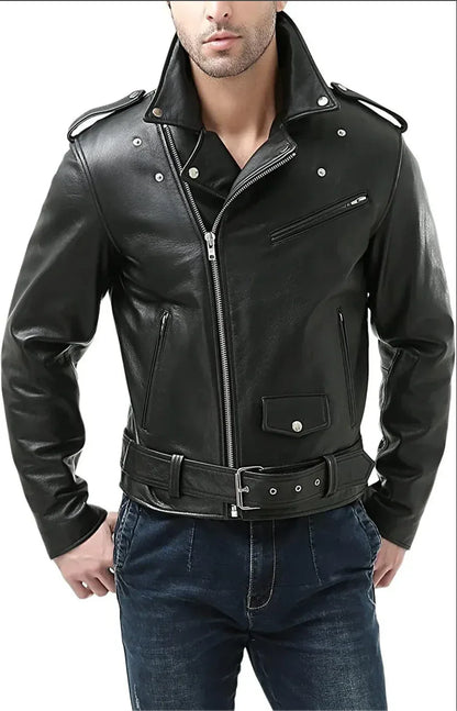 mens leather biker jacket belted waist black motorcycle style