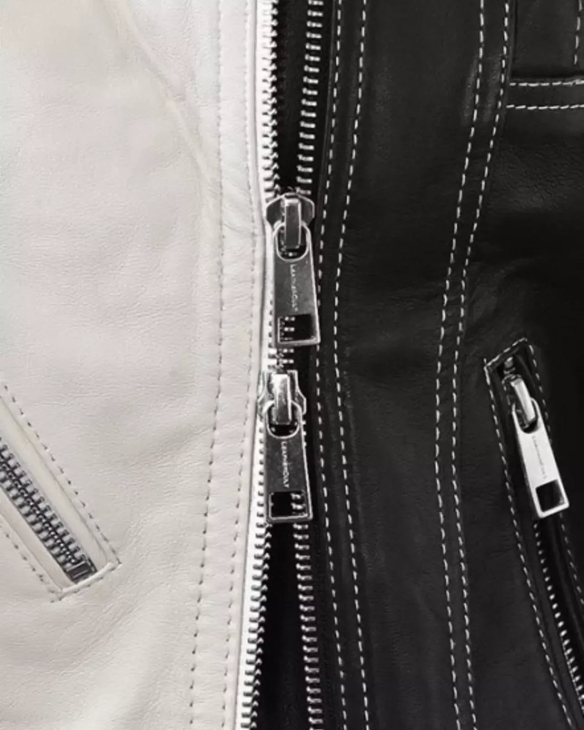 Women’s Black and White Leather Biker Jacket With Zip Details