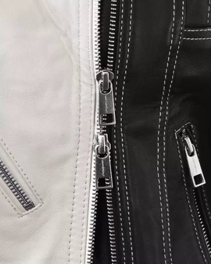 Women’s Black and White Leather Biker Jacket With Zip Details