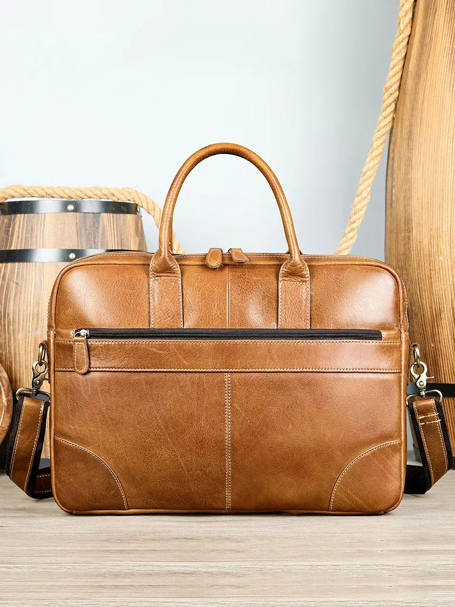 Leather Briefcase with Trolley Sleeve for Men Laptop Office Bag
