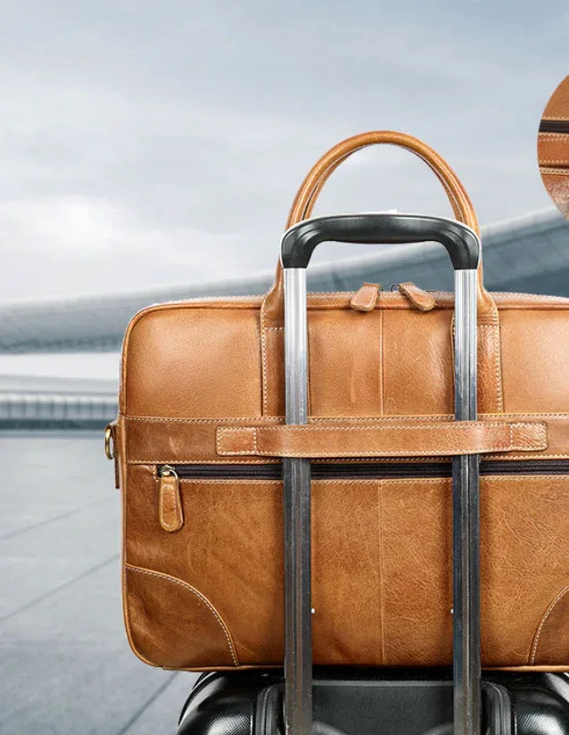 Leather Briefcase with Trolley Sleeve for Men Laptop Office Bag