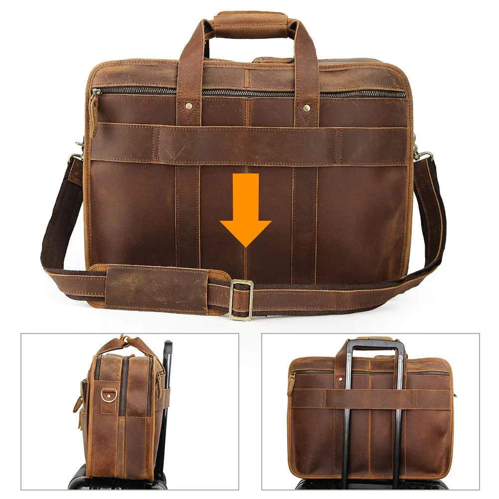 Mens leather briefcase 17 inch laptop bag