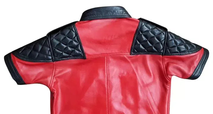 short sleeve leather shirt mens red black quilted button up