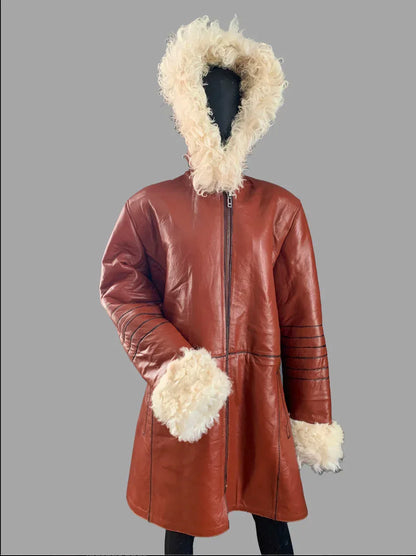 Leather Trench Coat With Fur Trim Womens Long Brown Coat