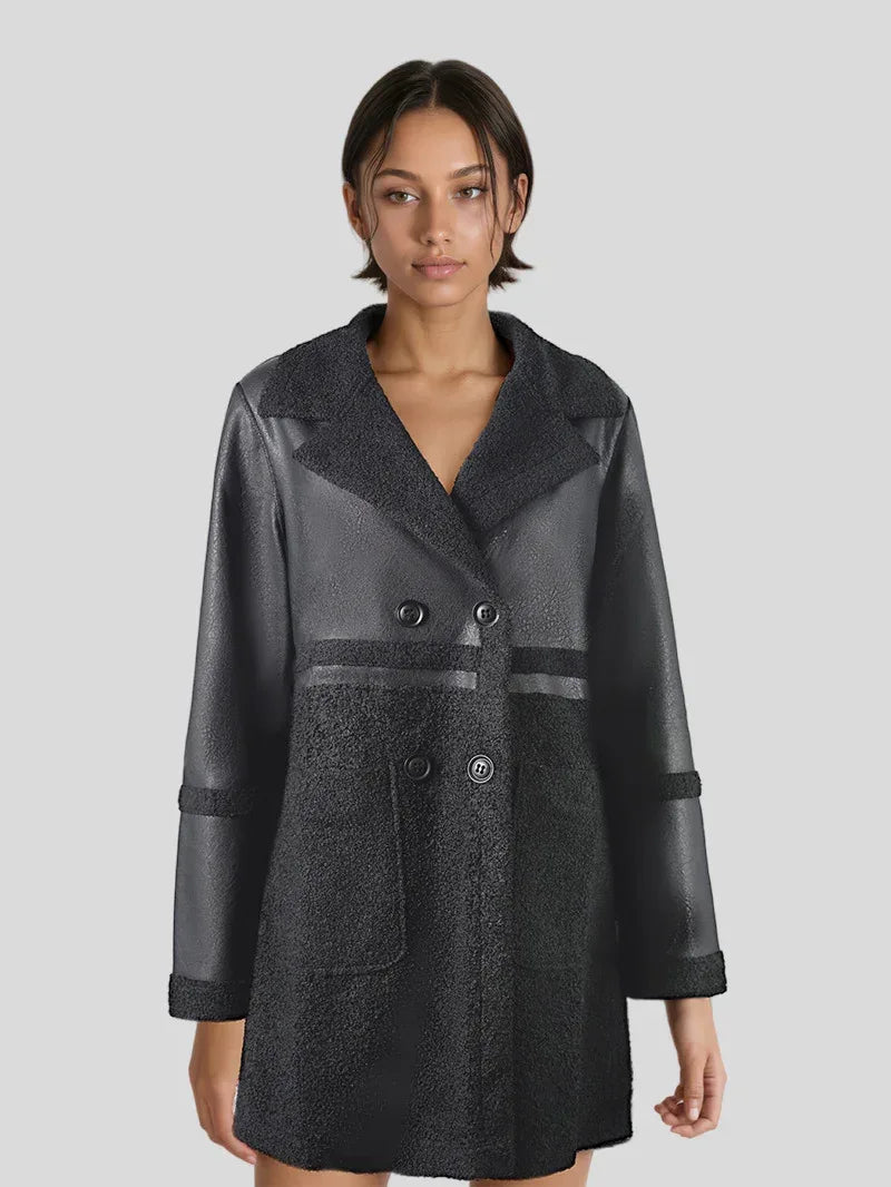 Faux Leather Coat Women Shearling Trim Mid Length Black