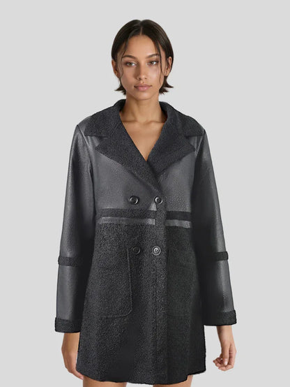 Faux Leather Coat Women Shearling Trim Mid Length Black
