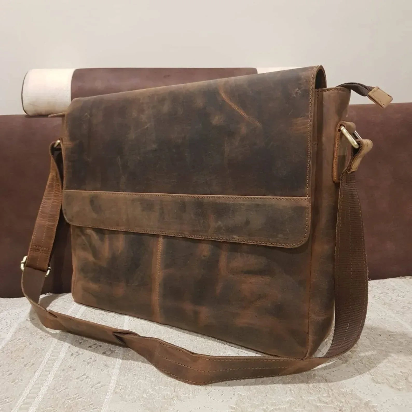 Leather Messenger Bag For Men Laptop Work Crossbody Briefcase