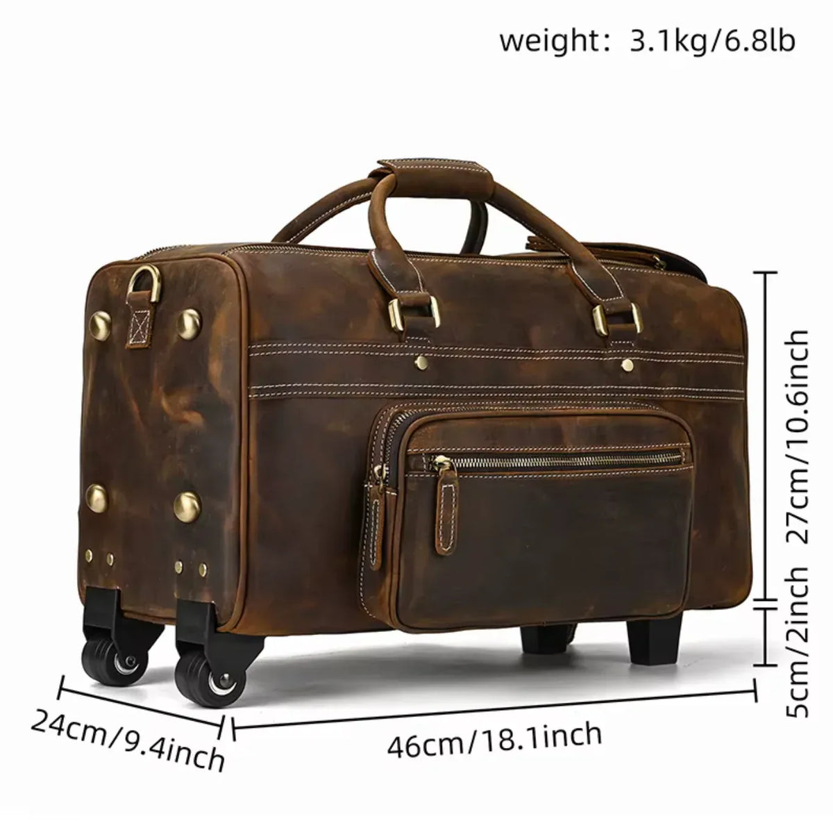 Leather Duffle Bag With Wheels Dark Brown Rolling Travel Bag