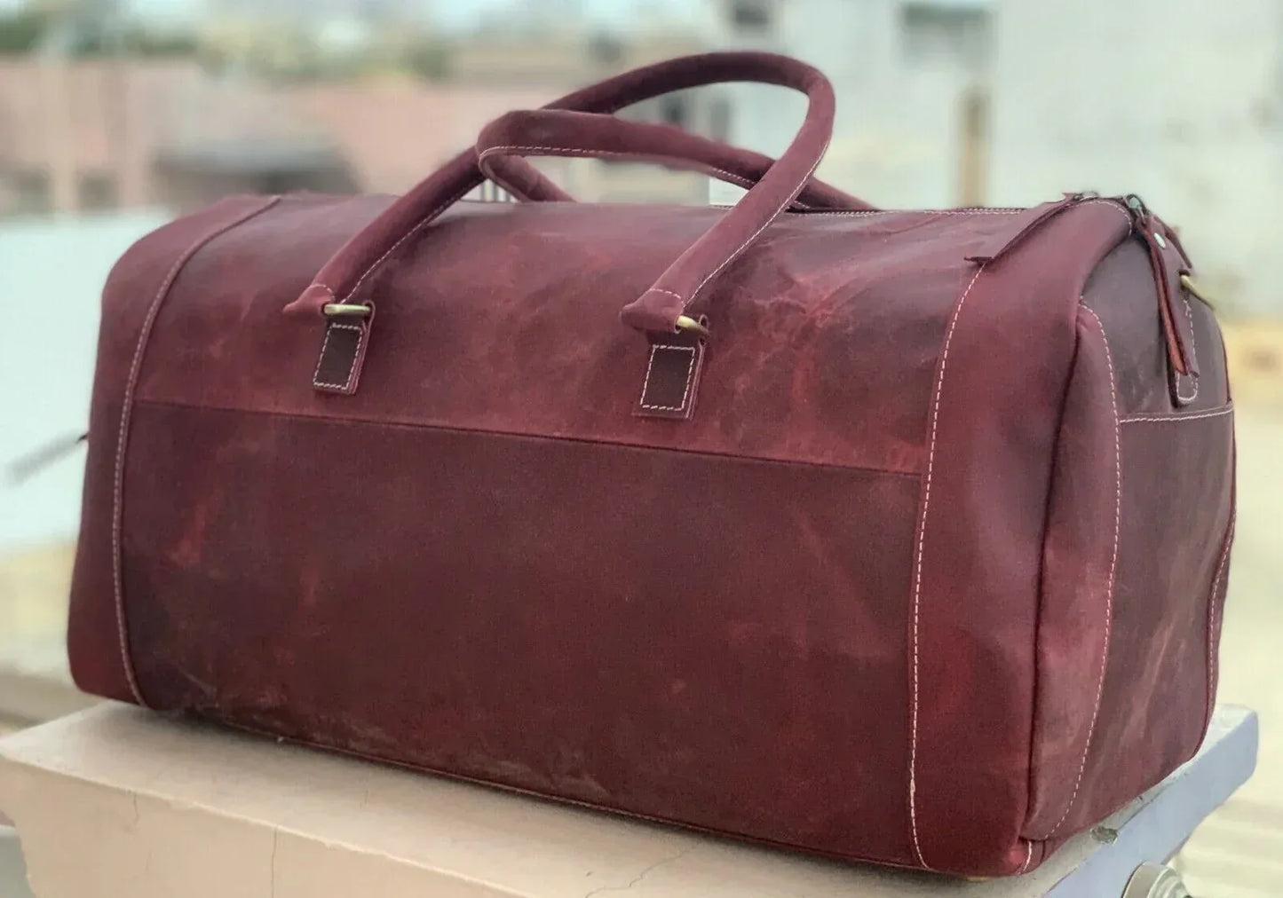 Red leather weekender bag mens genuine leather travel duffle