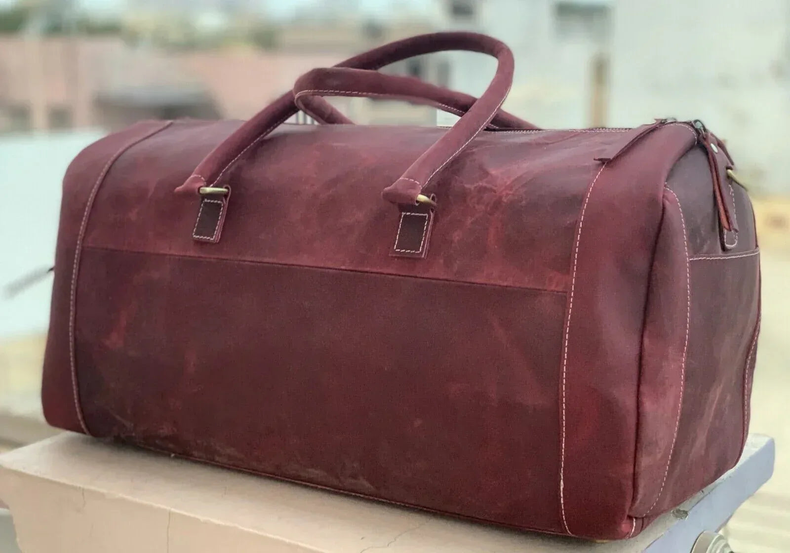 Red leather weekender bag mens genuine leather travel duffle