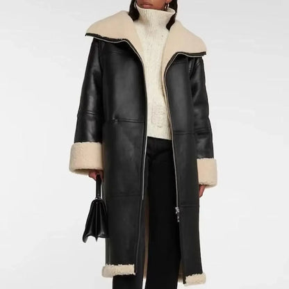 Leather Fur Trench Coat Womens Black Shearling Long Coat