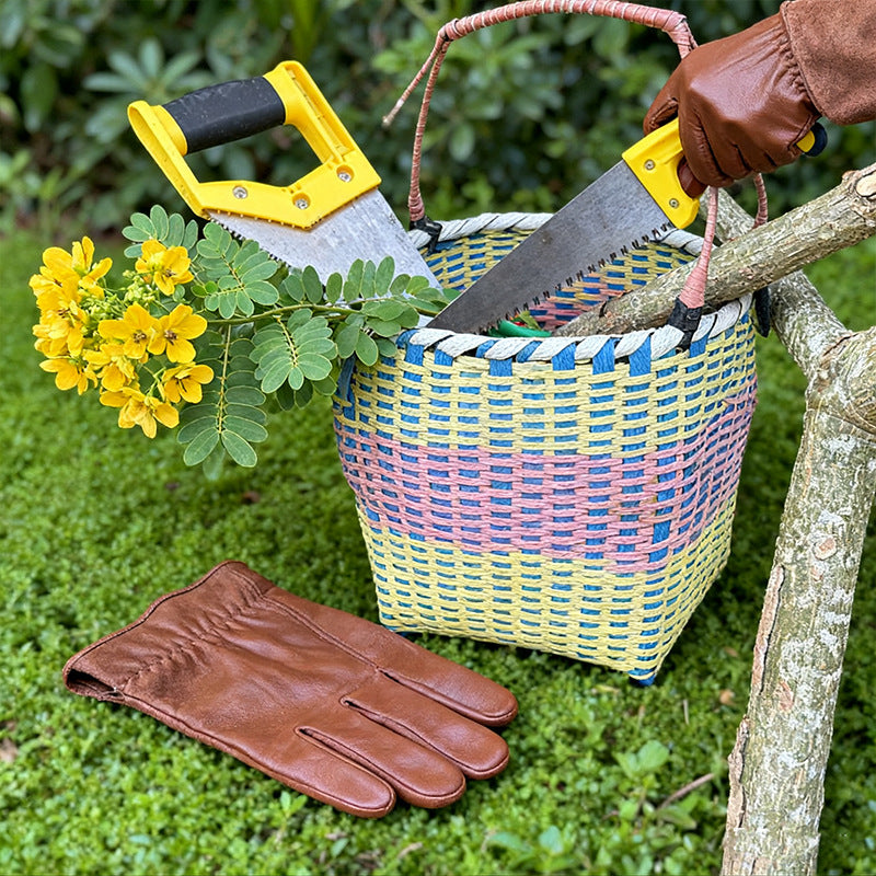 Leather gardening gloves with suede arm cuffs