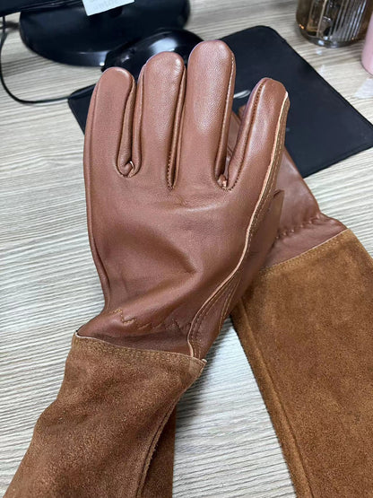Leather gardening gloves with suede arm cuffs
